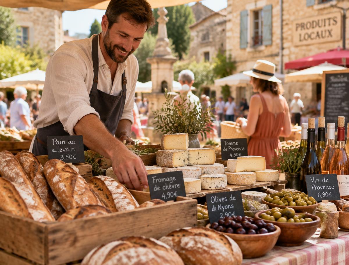 Village market stall with bread, cheese and wine in the south of France
